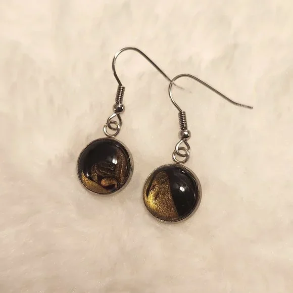 NEW Handmade Black and Gold Acrylic Swirl Drop Earrings - Picture 2 of 3
